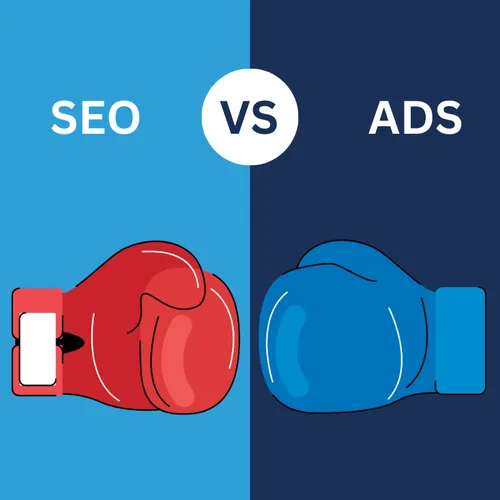 SEO versus paid ads, illustrated as a boxing match